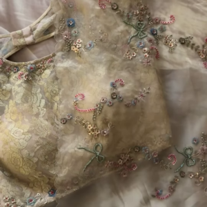 Ivory Floral Thread and Sequin Embroidered Unstitched Fabric