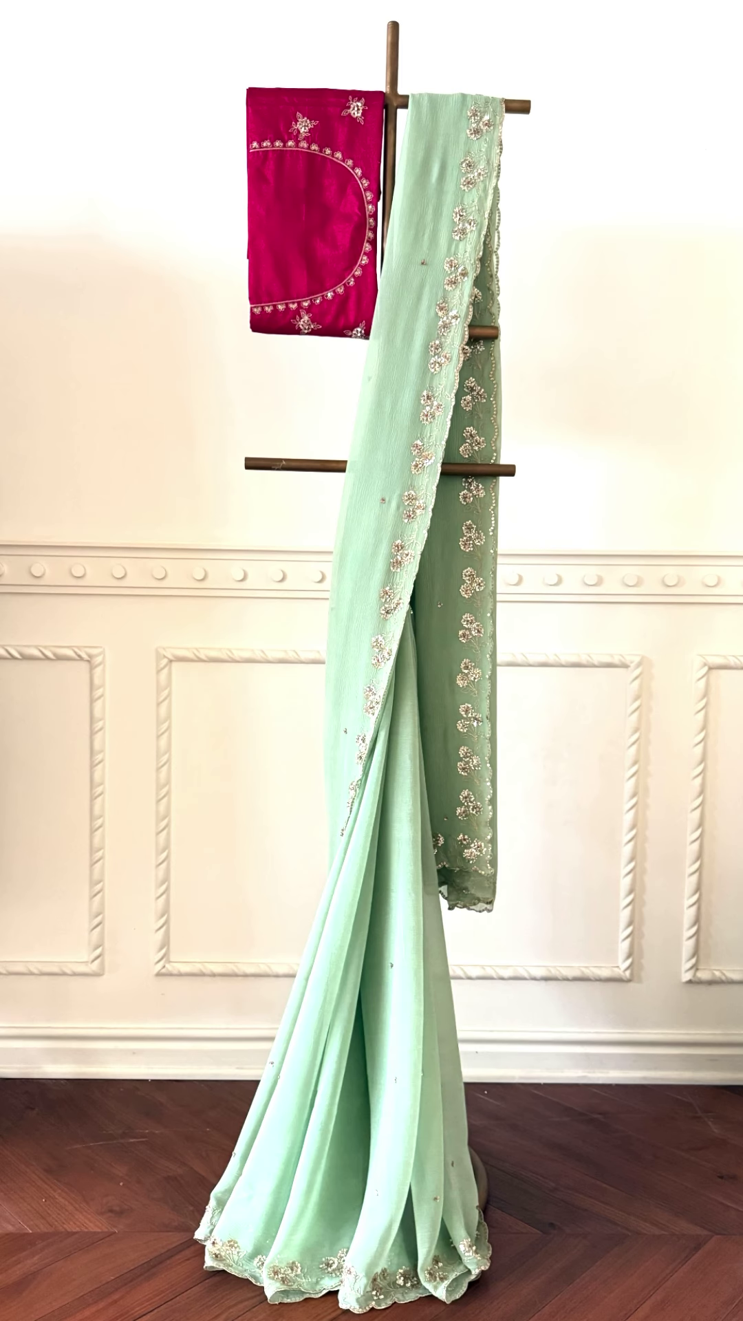 Sea Green Embellished Saree with Fuchsia Embroidered Blouse
