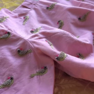 Pistachio Green Bird Motif Embroidered Saree Fabric and Blouse Piece