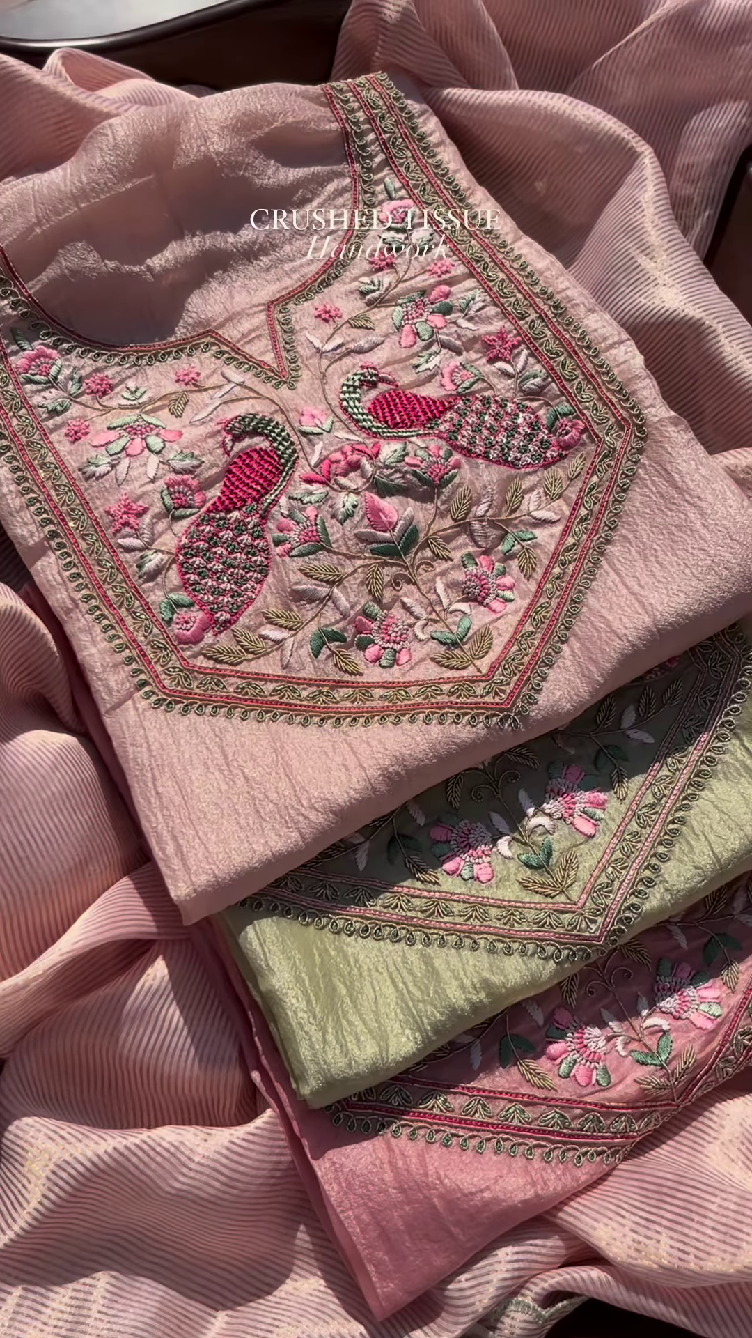 Pastel Pink and Sage Green Embroidered Unstitched Suit Set - Image 2