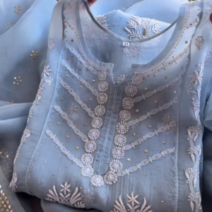 Sky Blue Chikankari and Mirror Work Unstitched Suit Set