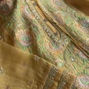 Lemon Yellow Floral Embroidered Organza Unstitched Suit Set