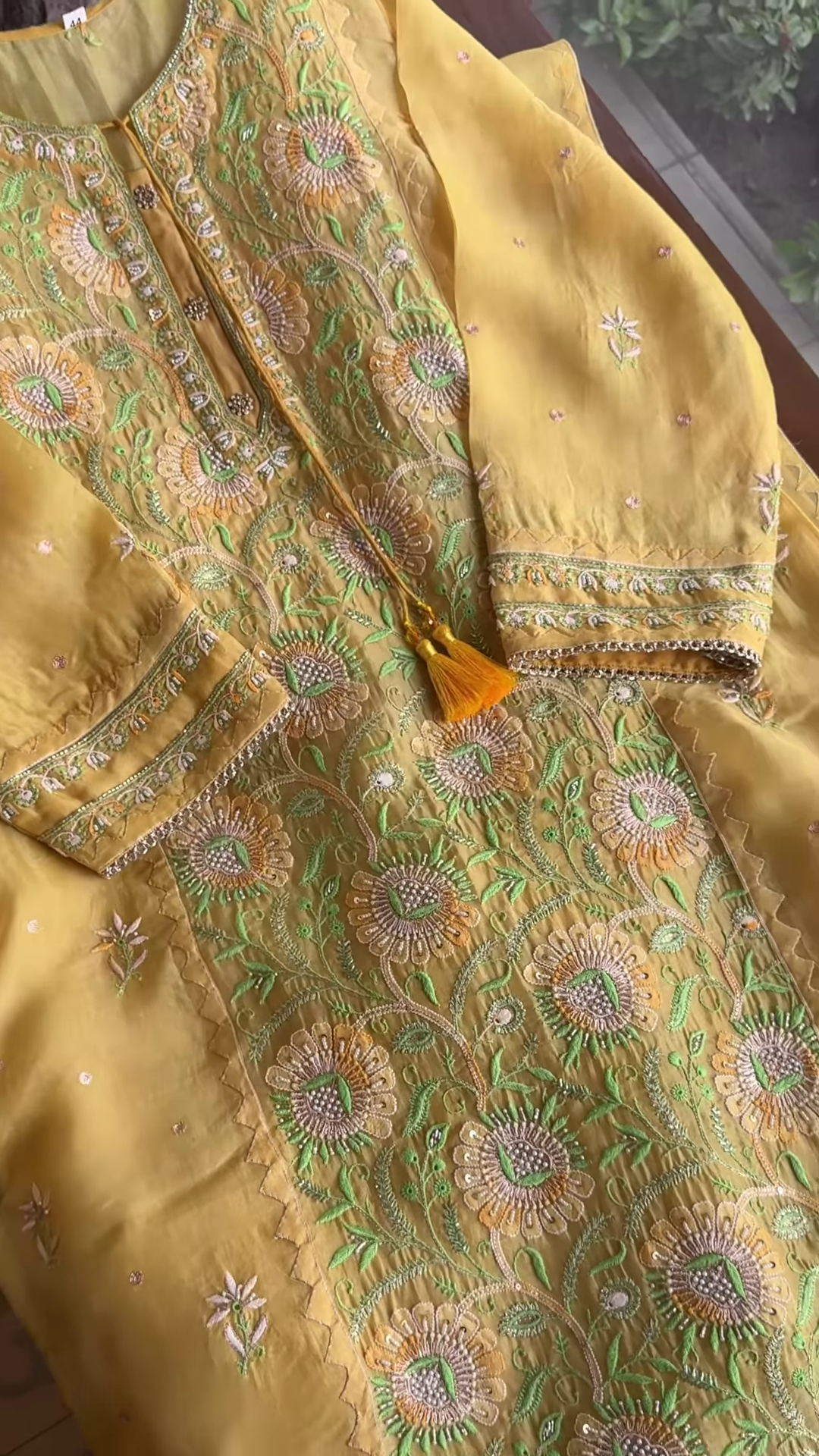 Lemon Yellow Floral Embroidered Organza Unstitched Suit Set - Image 2