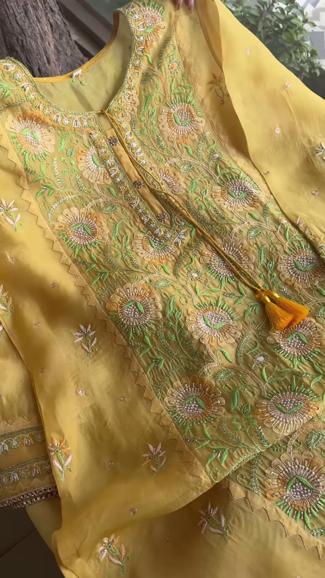 Lemon Yellow Floral Embroidered Organza Unstitched Suit Set - Image 4