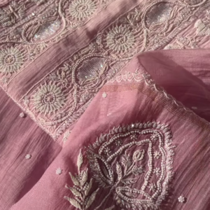 Tea Pink Embroidered Chikankari Unstitched Suit Fabric