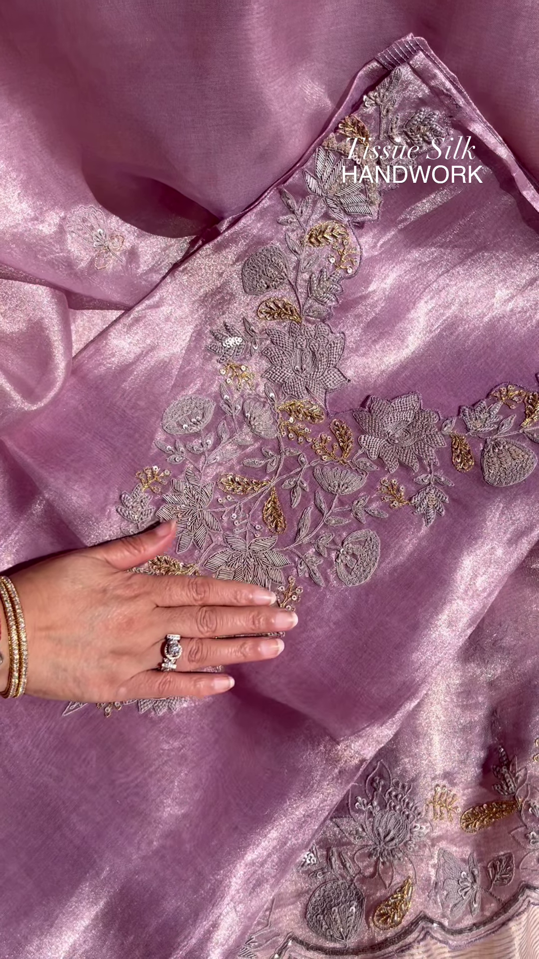 Lilac Tissue Silk Handwork Saree Fabric - Image 2