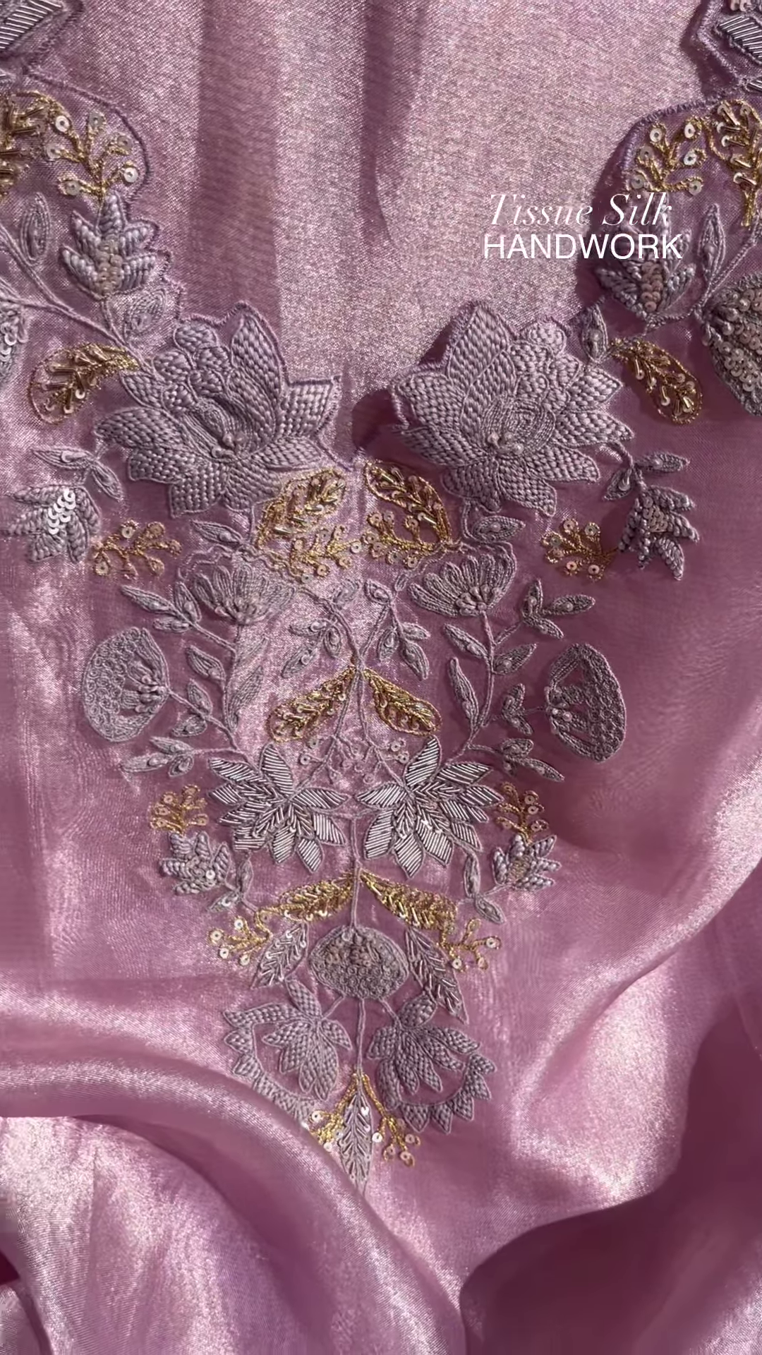 Lilac Tissue Silk Handwork Saree Fabric - Image 5