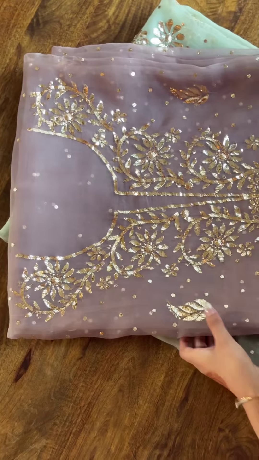 Pastel Mint and Lilac Gota Patti Embroidered Unstitched Suit Set - Image 3