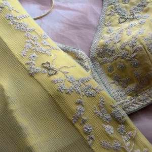 Lemon Yellow Floral Chikankari Embroidered Saree Fabric with Coordinating Blouse Piece