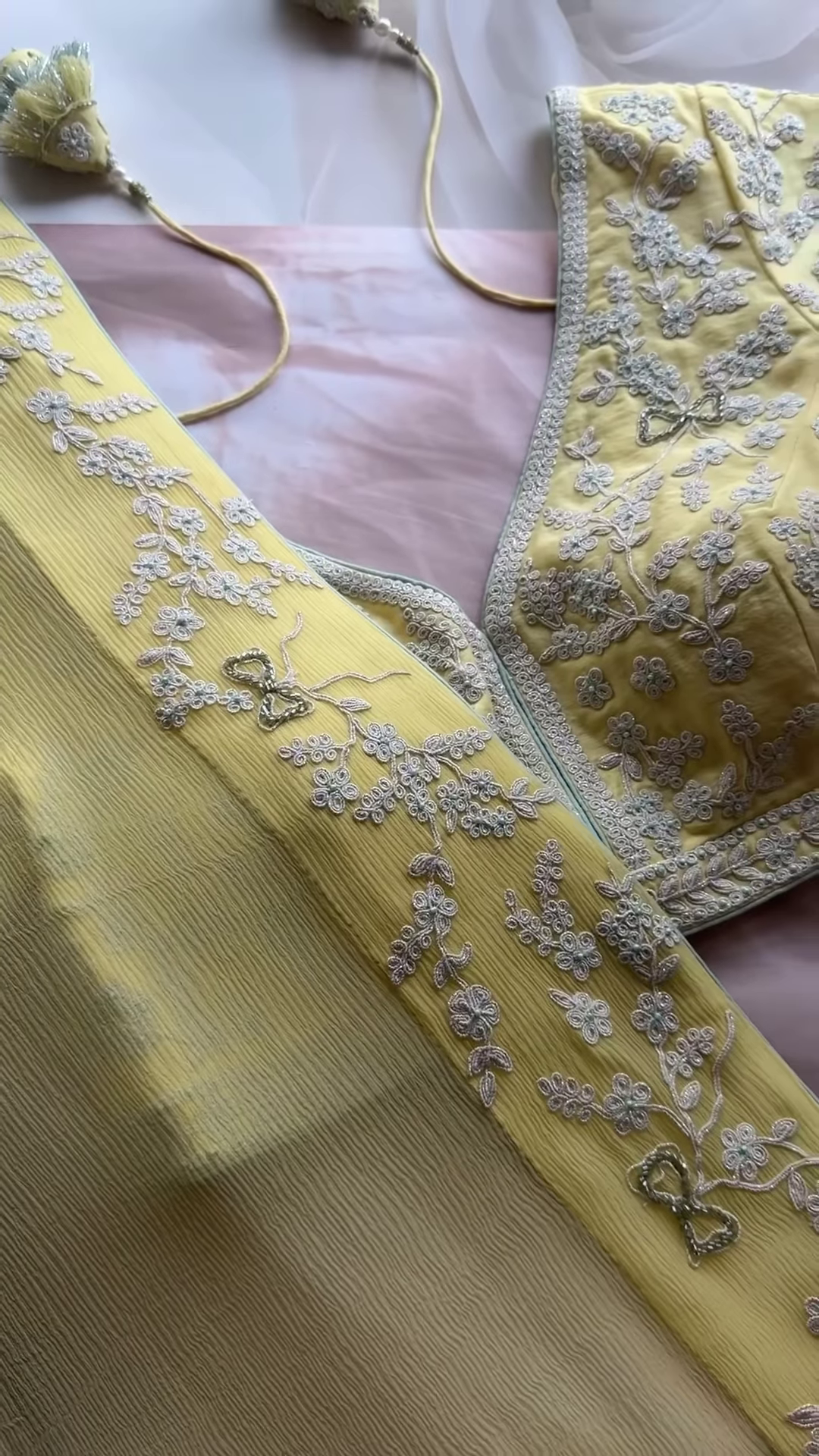 Lemon Yellow Floral Chikankari Embroidered Saree Fabric with Coordinating Blouse Piece