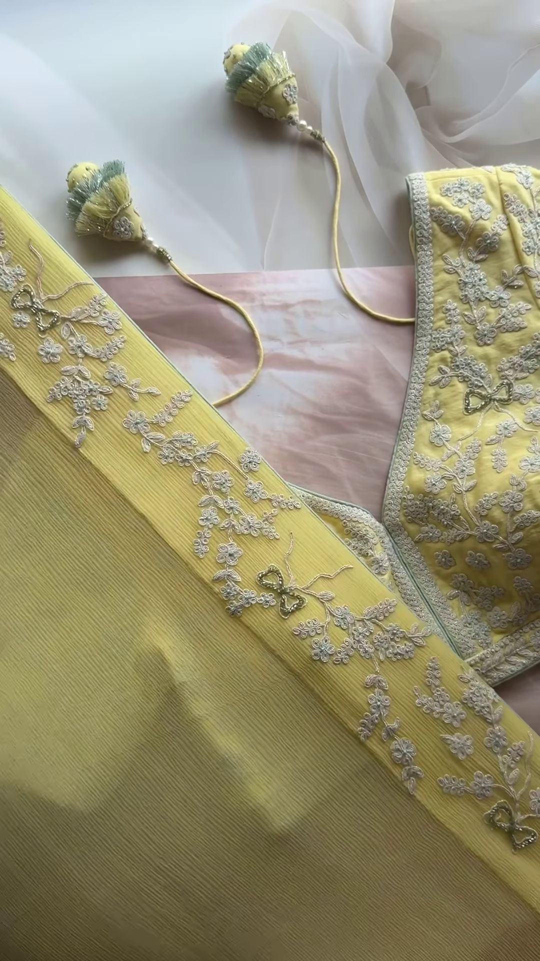 Lemon Yellow Floral Chikankari Embroidered Saree Fabric with Coordinating Blouse Piece - Image 4