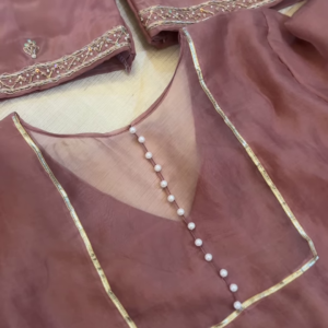 Dusty Rose Tissue Silk Unstitched Suit Set with Pearl and Zari Detail