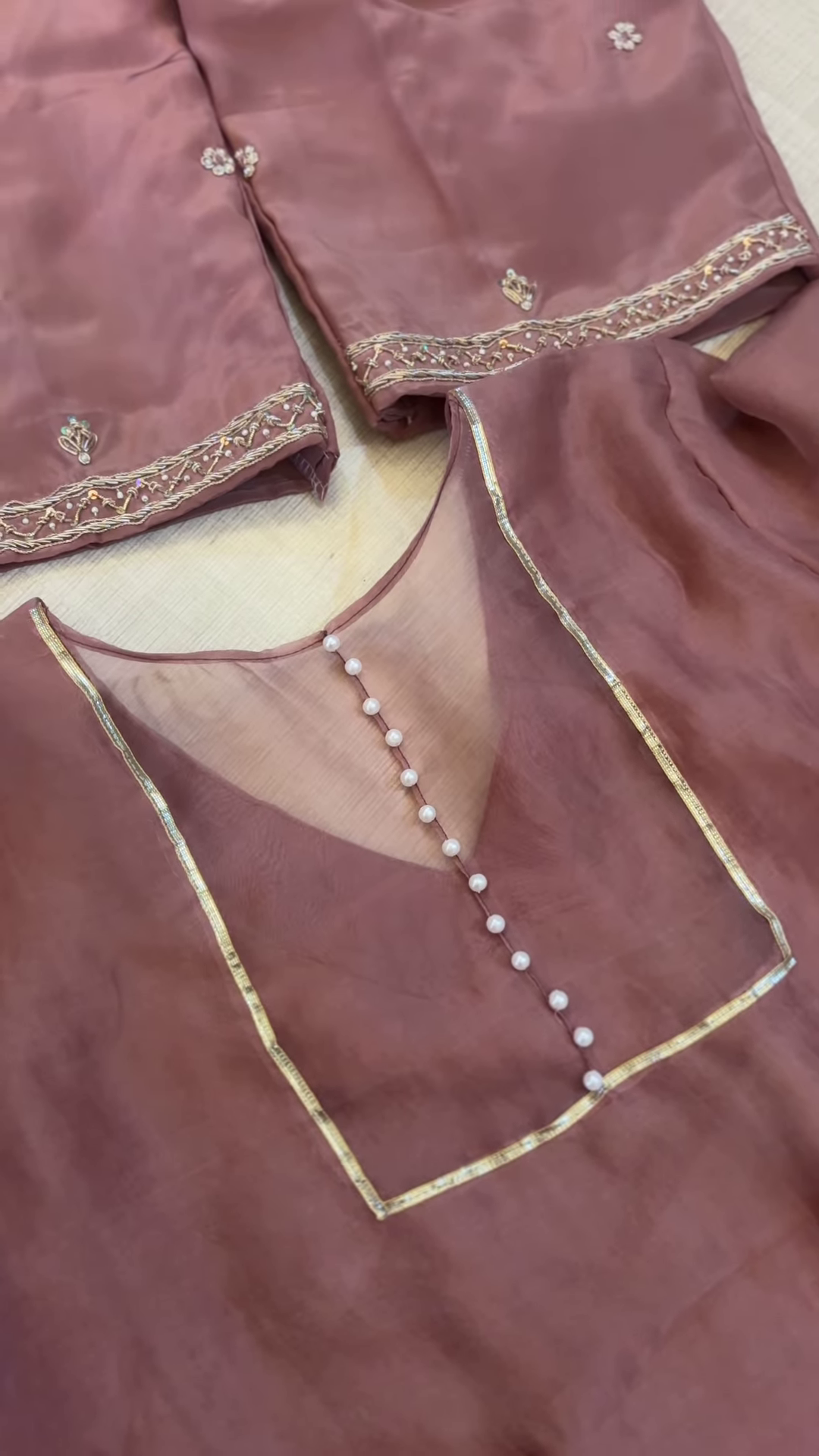 Dusty Rose Tissue Silk Unstitched Suit Set with Pearl and Zari Detail