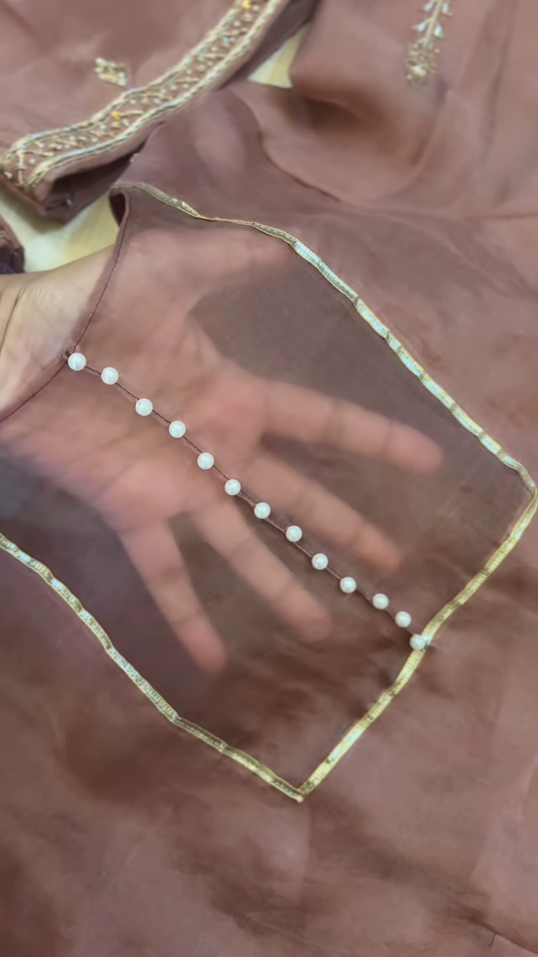 Dusty Rose Tissue Silk Unstitched Suit Set with Pearl and Zari Detail - Image 3