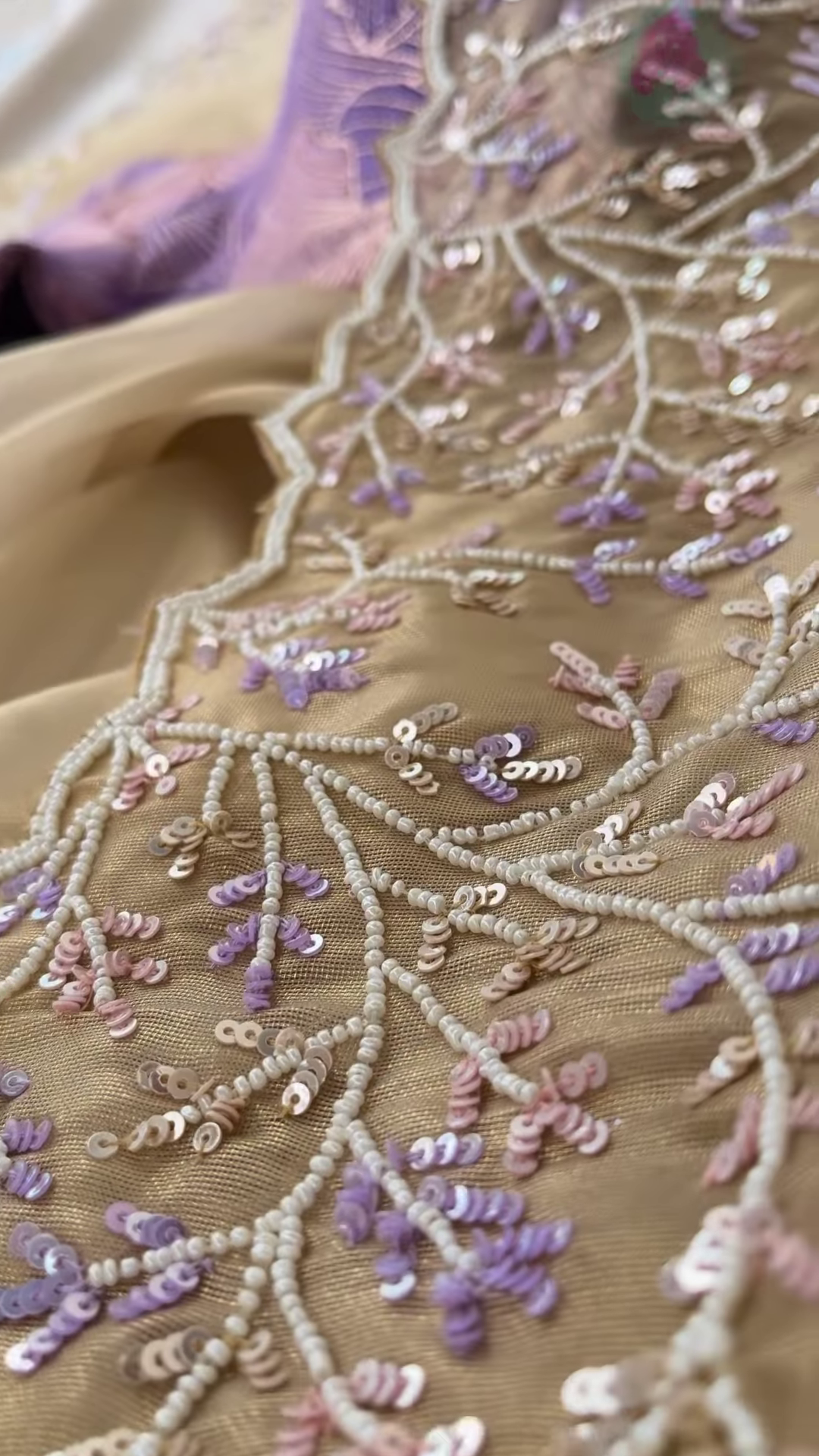 Champagne Tissue Silk Saree with Lilac Vine Embroidery and Brocade Blouse Piece - Image 3