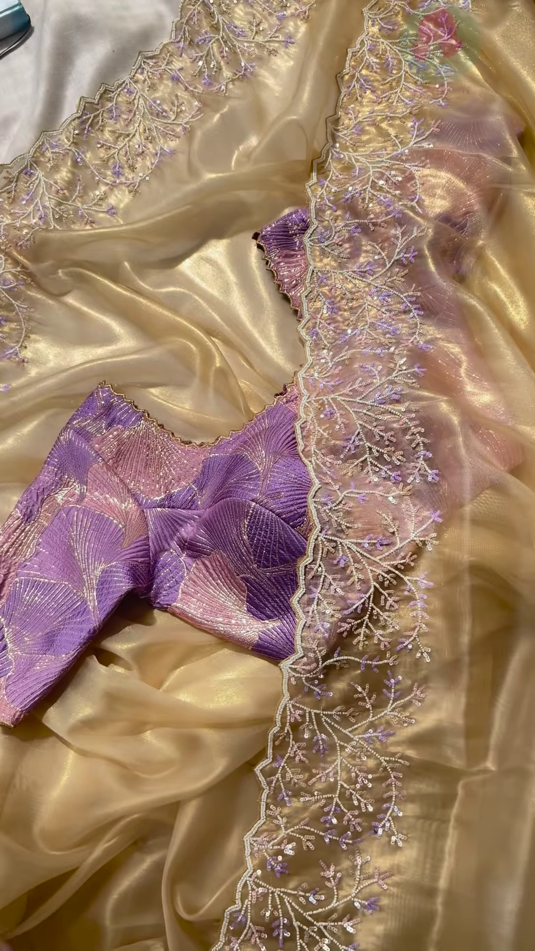Champagne Tissue Silk Saree with Lilac Vine Embroidery and Brocade Blouse Piece - Image 2