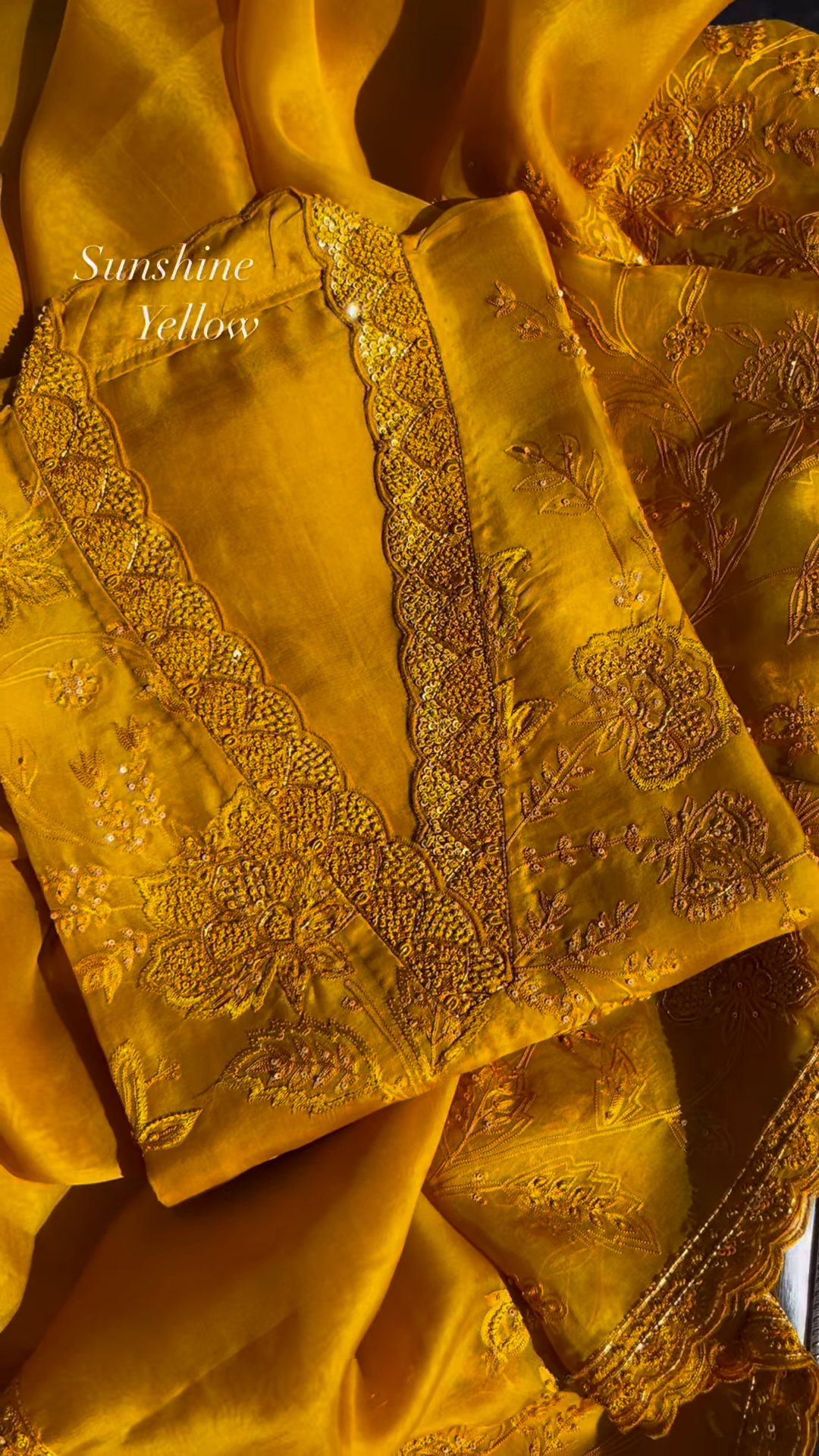 Sunshine Yellow Embroidered Organza Unstitched Suit Set