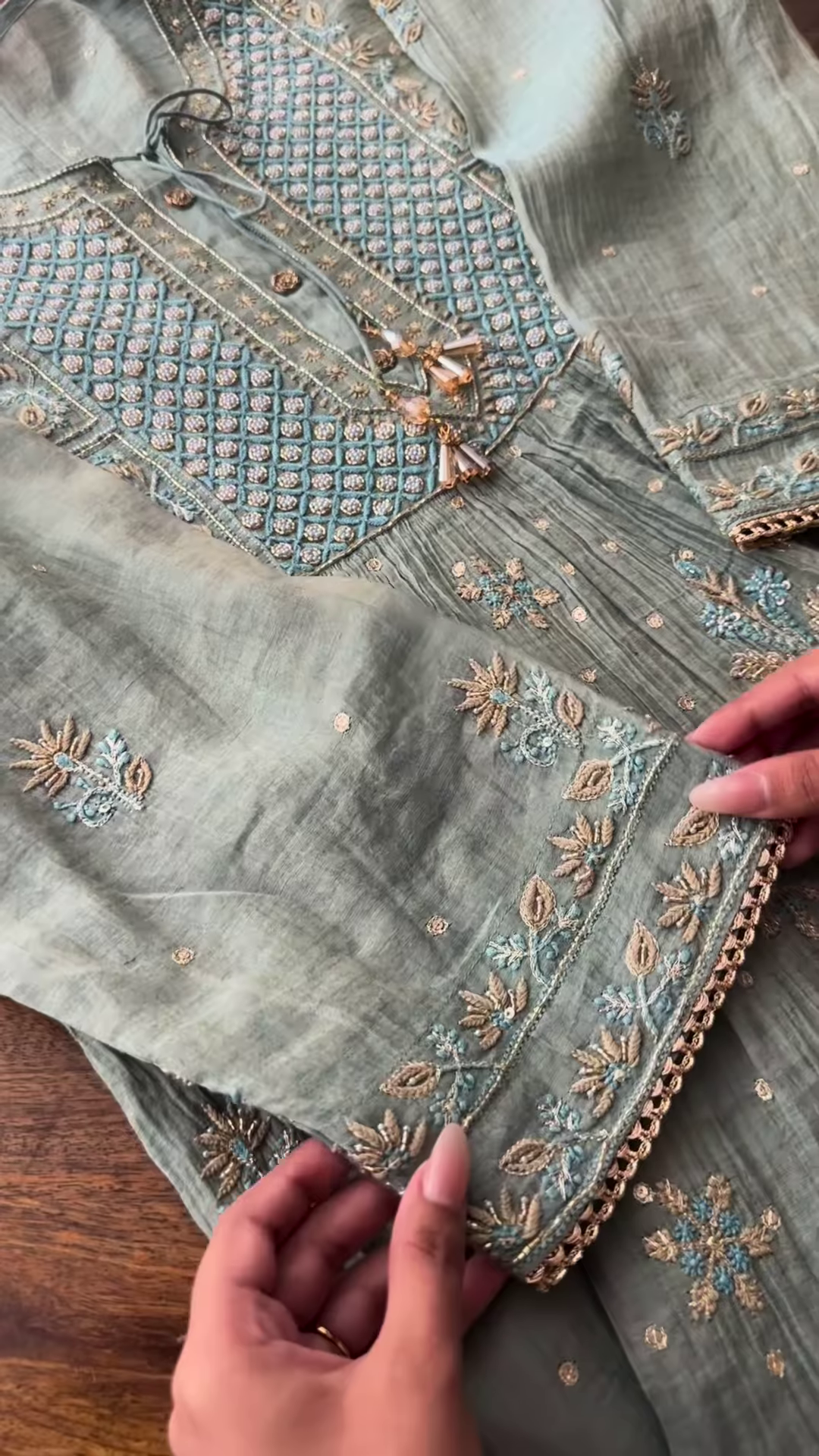 Seafoam Green Embroidered Chikankari Style Unstitched Suit Set - Image 2