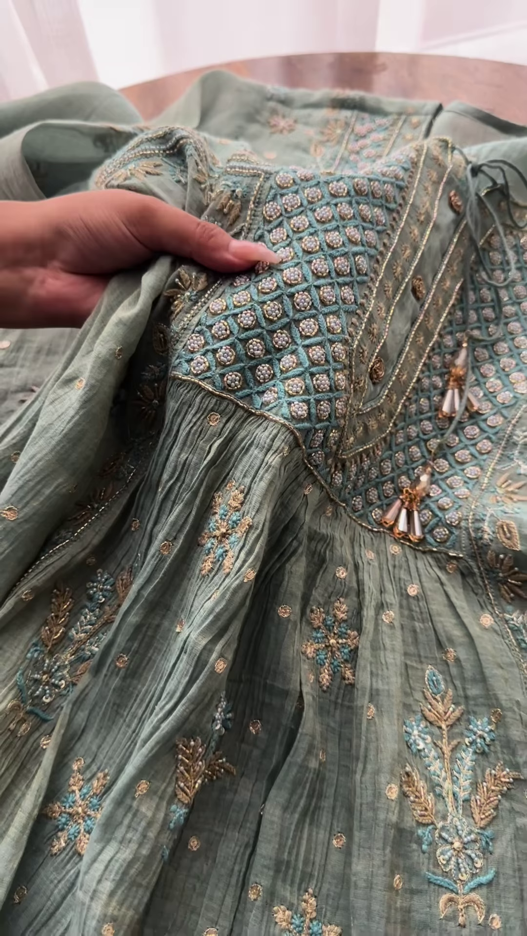 Seafoam Green Embroidered Chikankari Style Unstitched Suit Set - Image 3