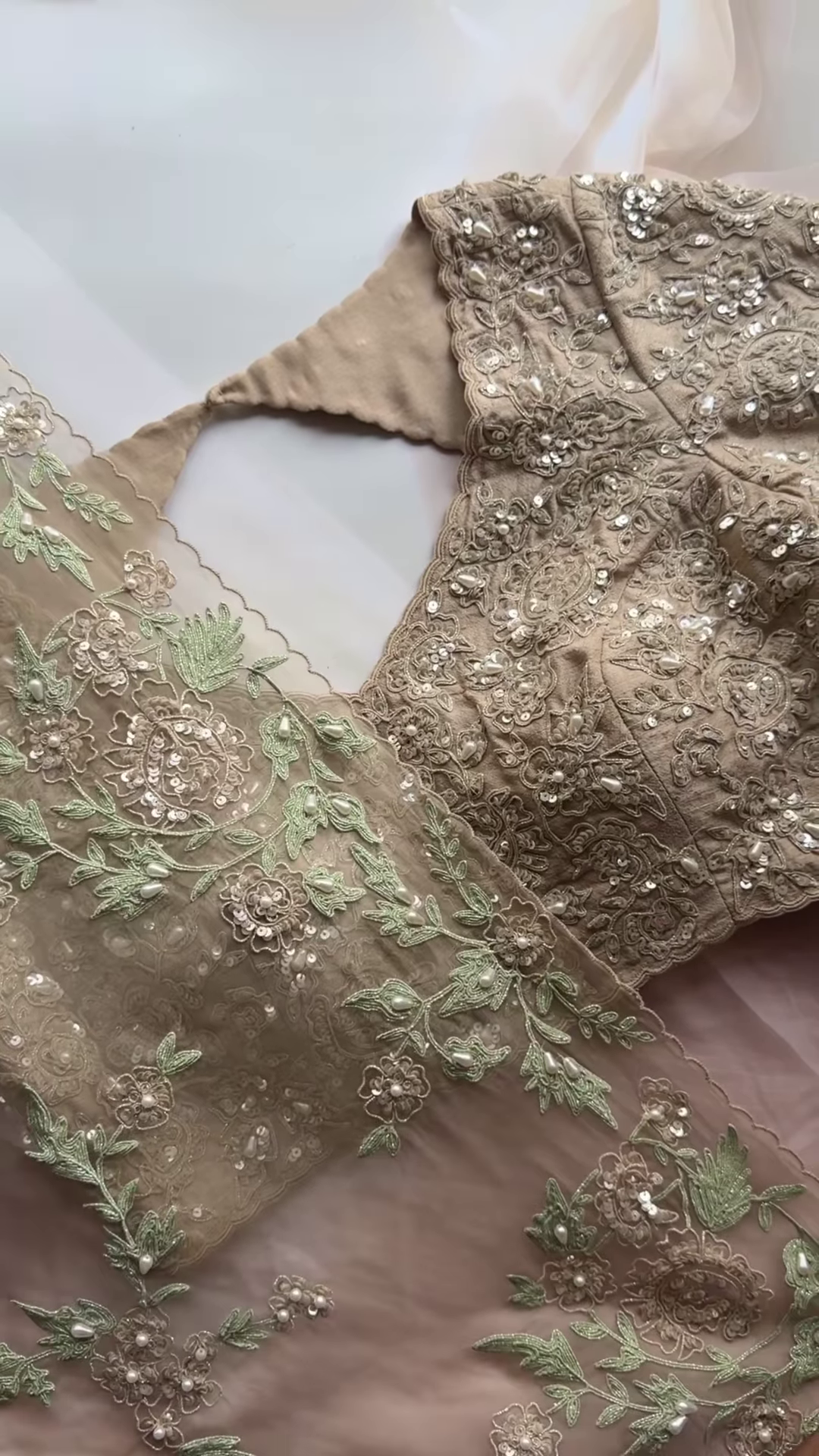 Taupe Floral Pearl and Sequin Embroidered Saree with Heavy Work Blouse