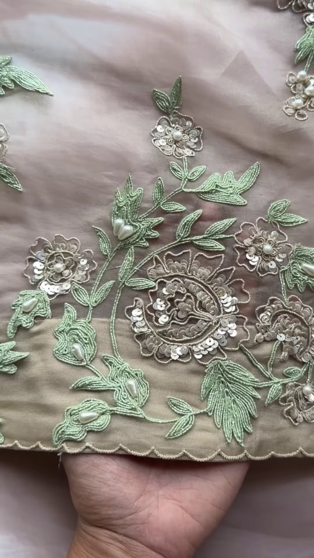 Taupe Floral Pearl and Sequin Embroidered Saree with Heavy Work Blouse - Image 3