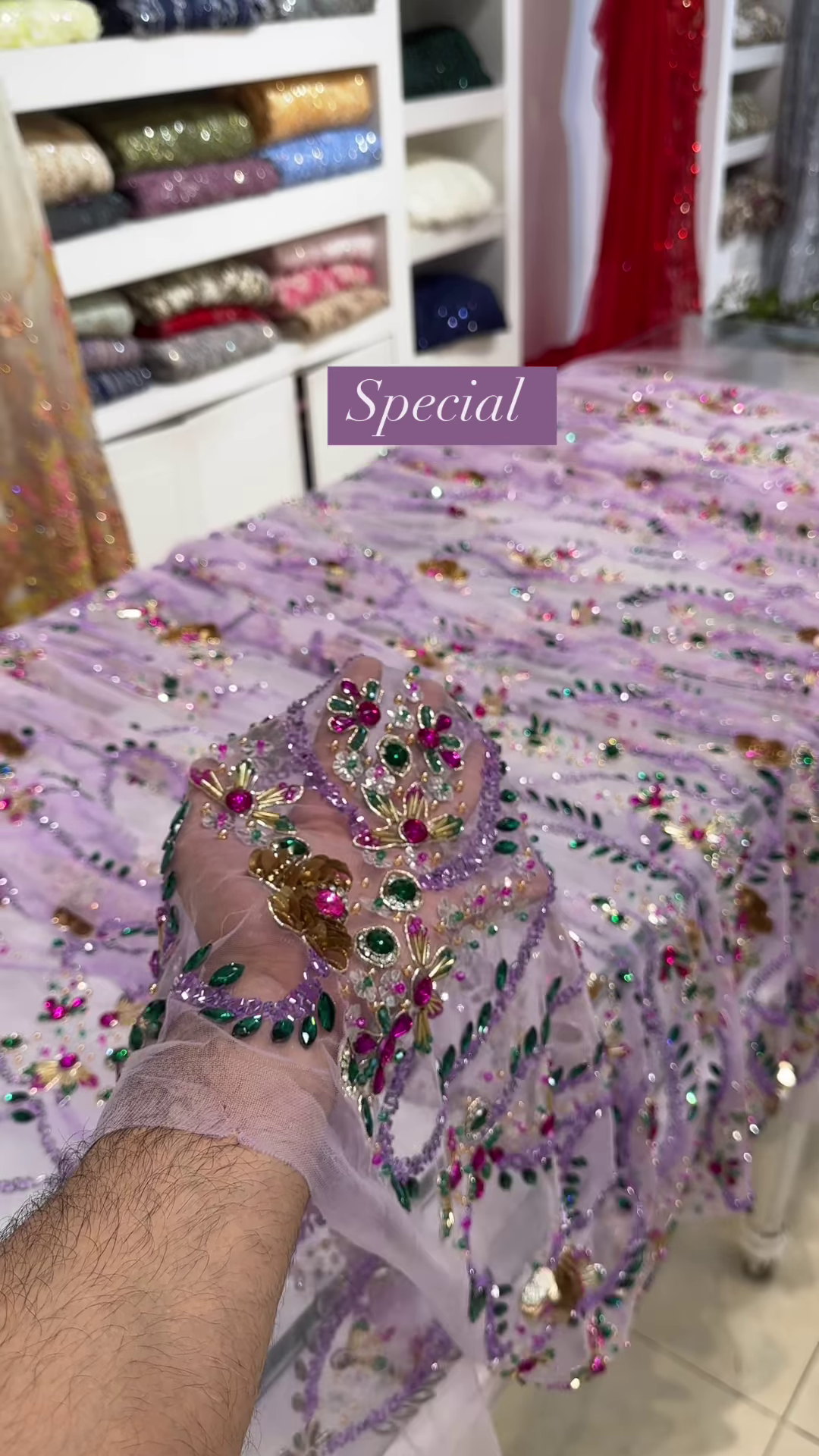 Lilac Sheer Embellished Fabric with Resham, Silma, and Sitara Work