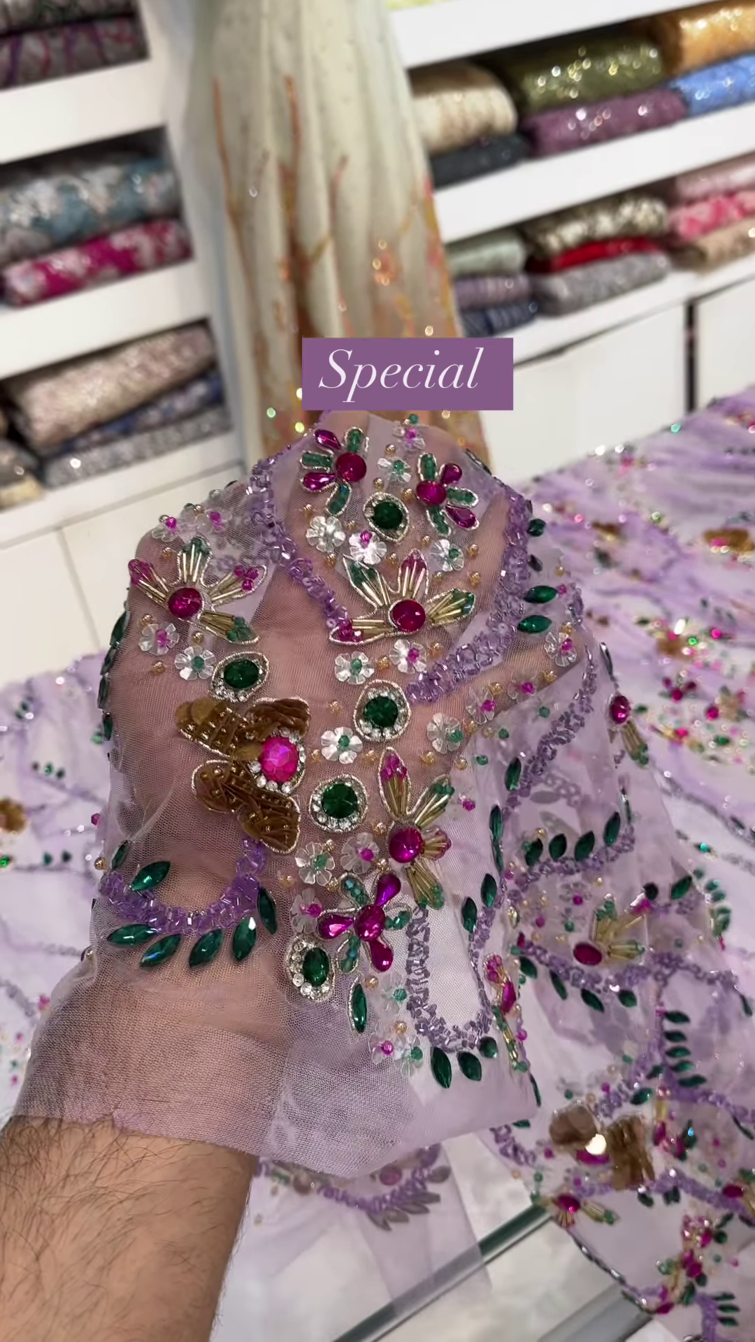 Lilac Sheer Embellished Fabric with Resham, Silma, and Sitara Work - Image 2