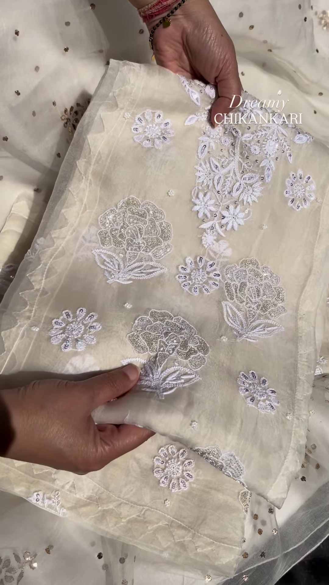 Off-White Silver Zari Chikankari Unstitched Suit Set - Image 2