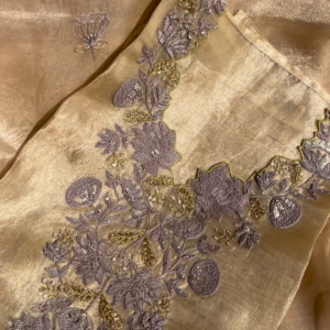 Champagne Tissue Silk Hand-Embroidered Fabric with Lilac and Gold Threadwork