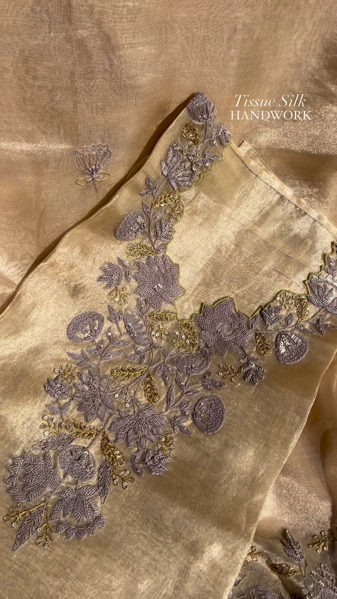 Champagne Tissue Silk Hand-Embroidered Fabric with Lilac and Gold Threadwork