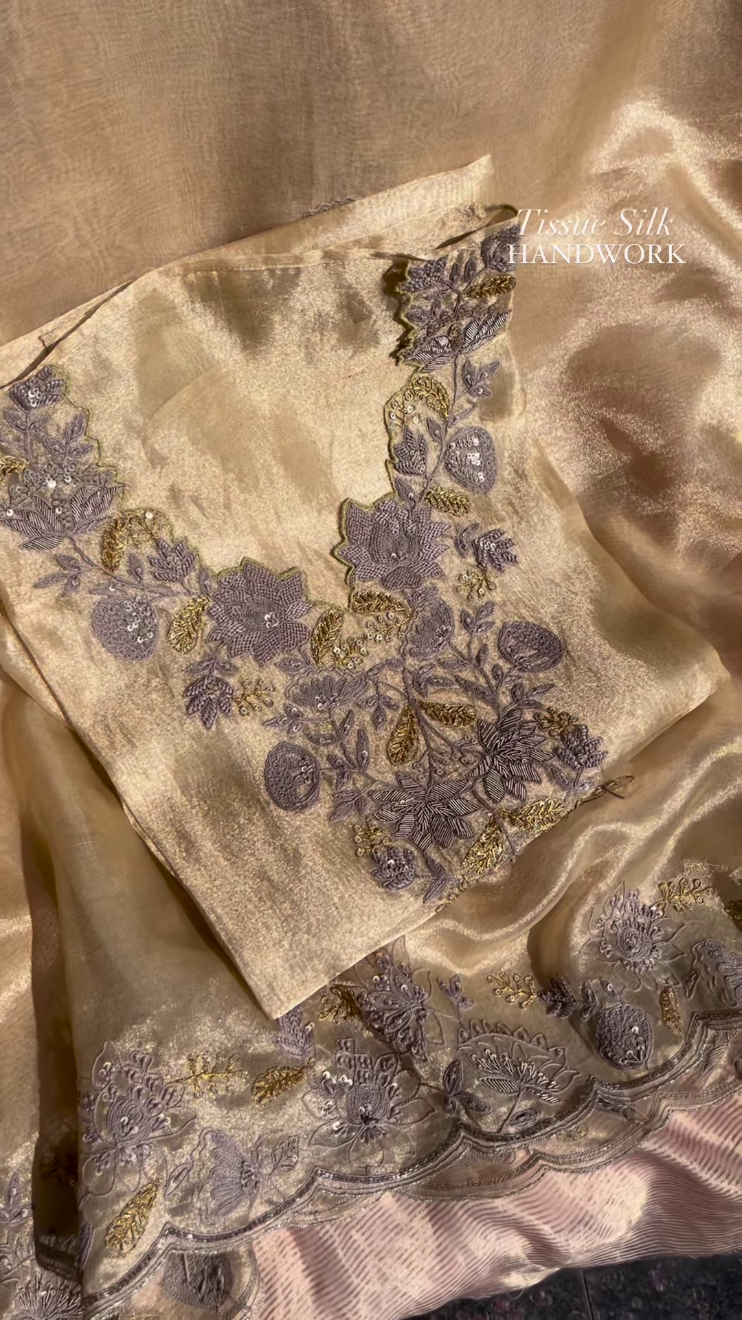 Champagne Tissue Silk Hand-Embroidered Fabric with Lilac and Gold Threadwork - Image 3