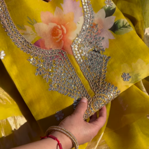 Sunshine Yellow Floral Print Organza Suit with Gotta Patti Handwork
