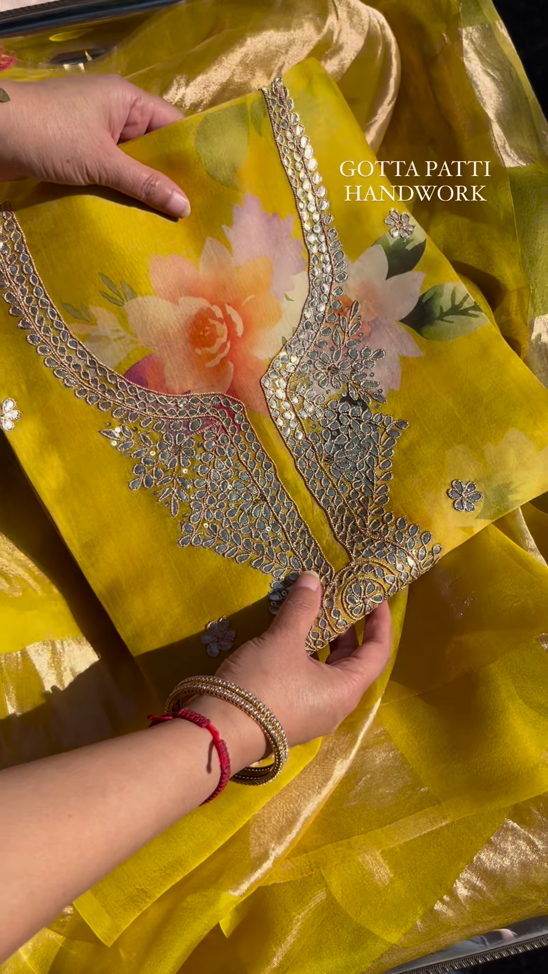 Sunshine Yellow Floral Print Organza Suit with Gotta Patti Handwork