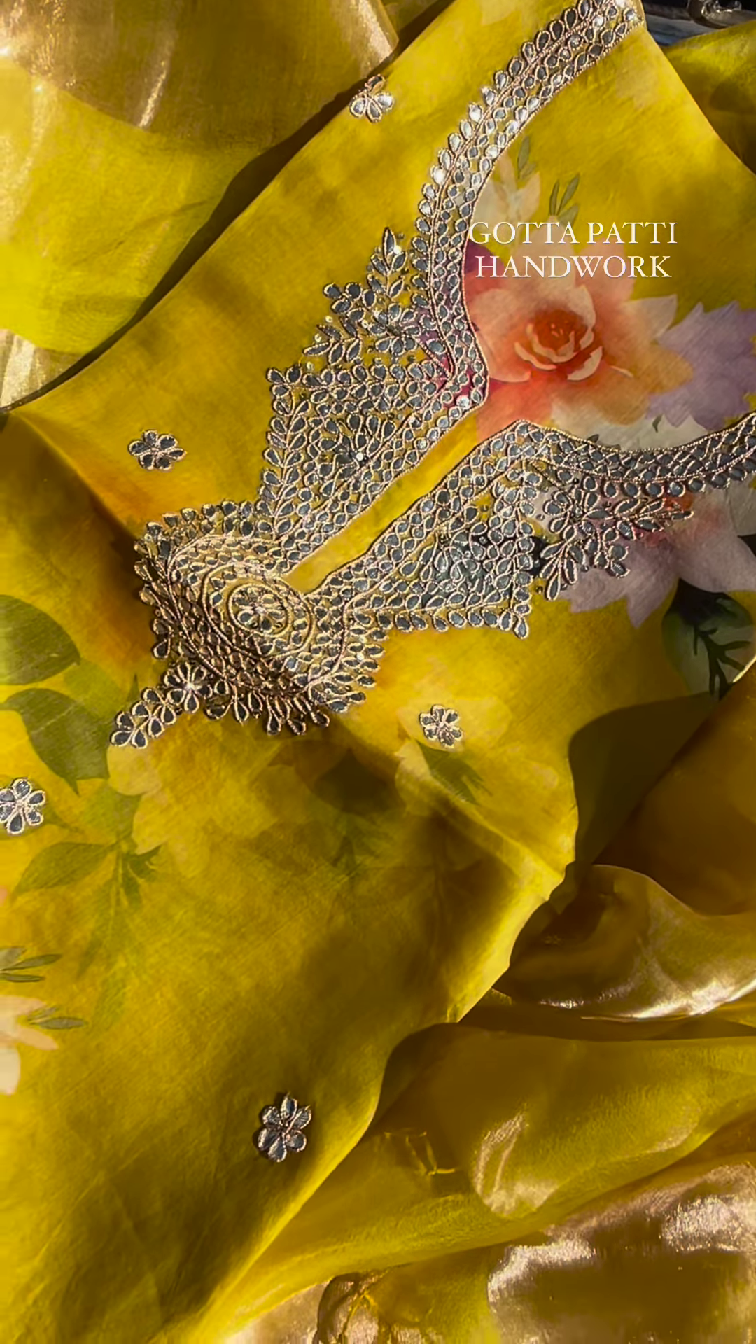 Sunshine Yellow Floral Print Organza Suit with Gotta Patti Handwork - Image 5