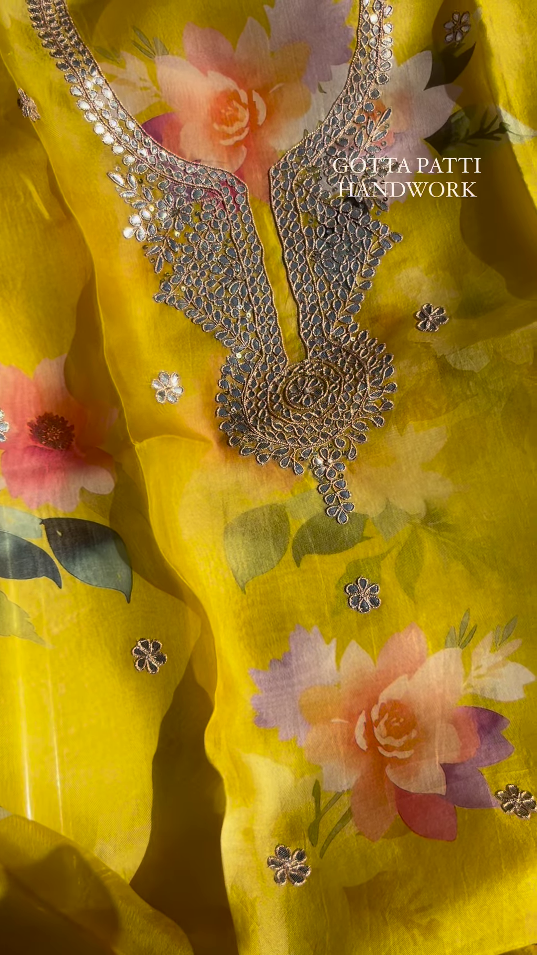 Sunshine Yellow Floral Print Organza Suit with Gotta Patti Handwork - Image 4