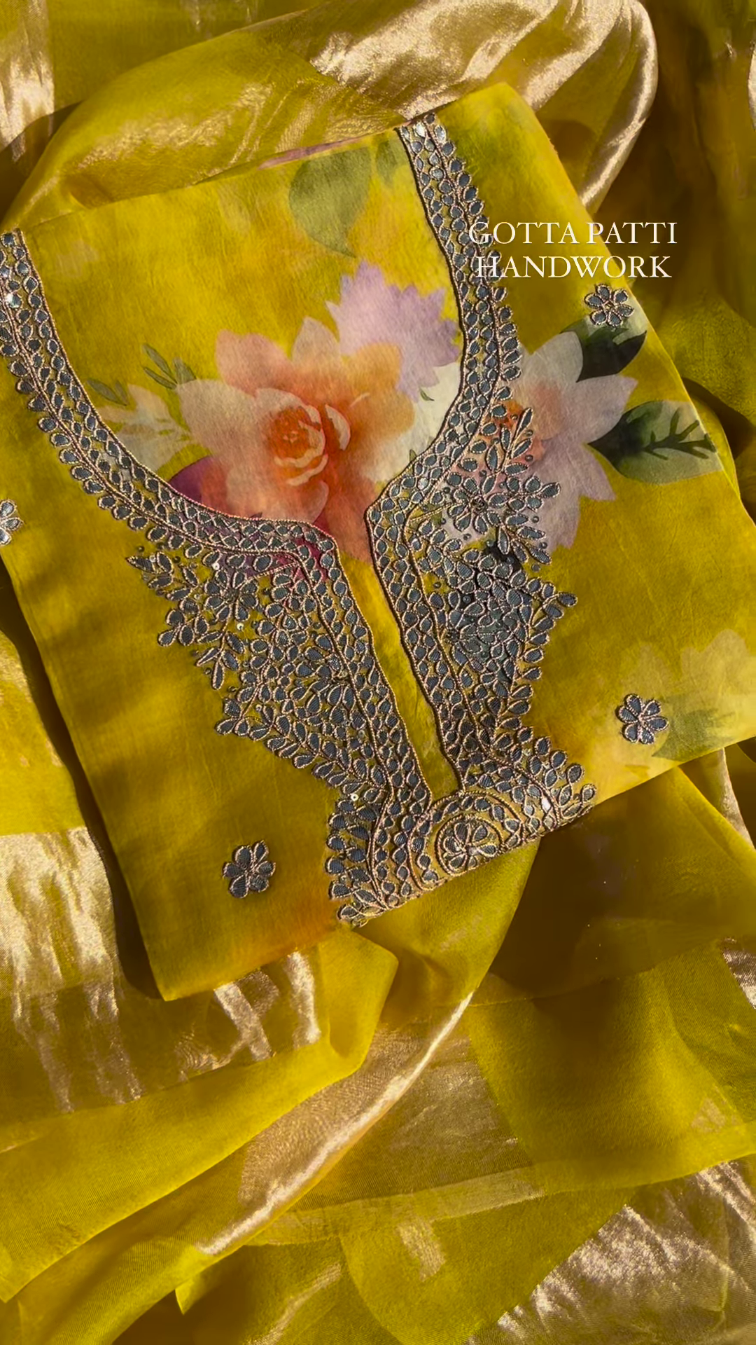 Sunshine Yellow Floral Print Organza Suit with Gotta Patti Handwork - Image 3