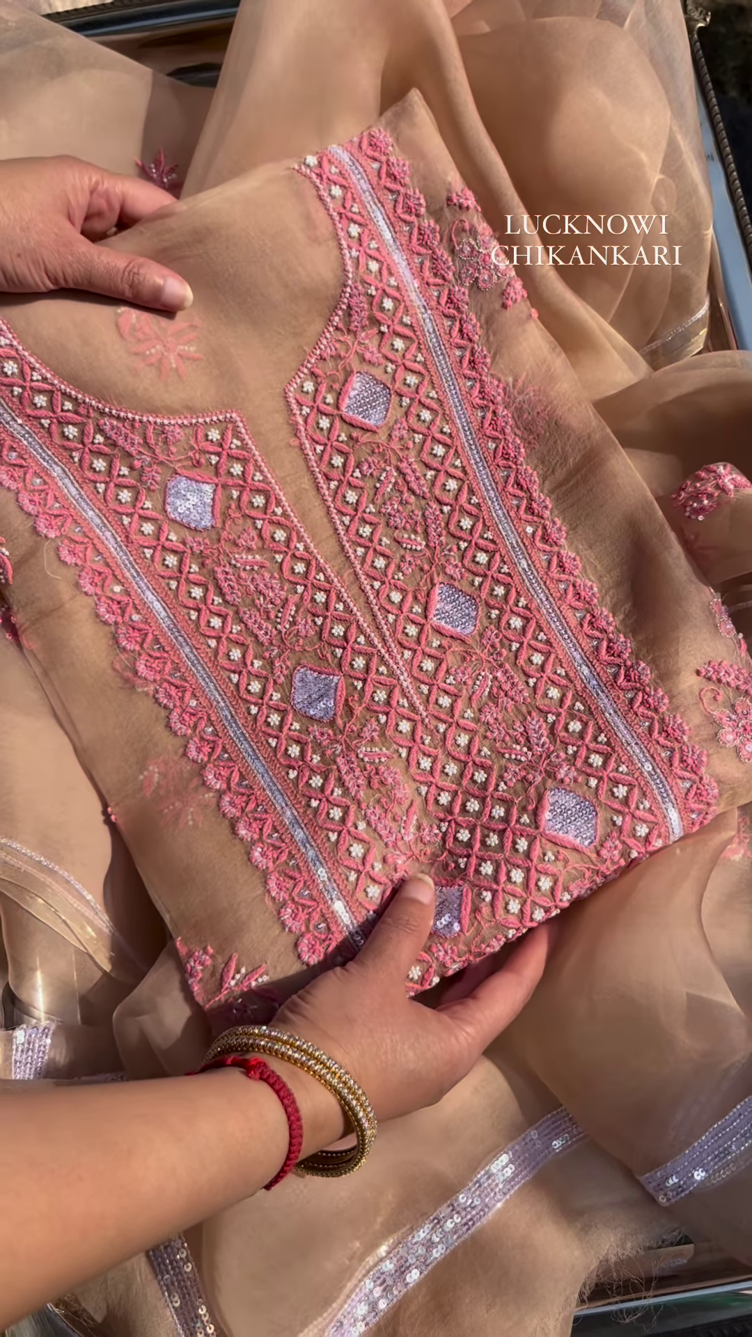 Fawn Lucknowi Chikankari and Mirror Work Unstitched Suit Set