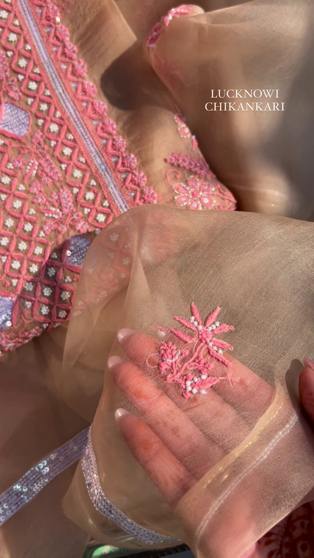 Fawn Lucknowi Chikankari and Mirror Work Unstitched Suit Set - Image 5