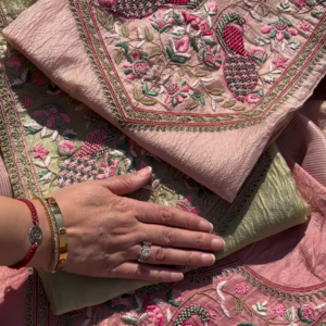 Dusty Rose Crushed Tissue Silk Embroidered Suit Set with Peacock Motifs