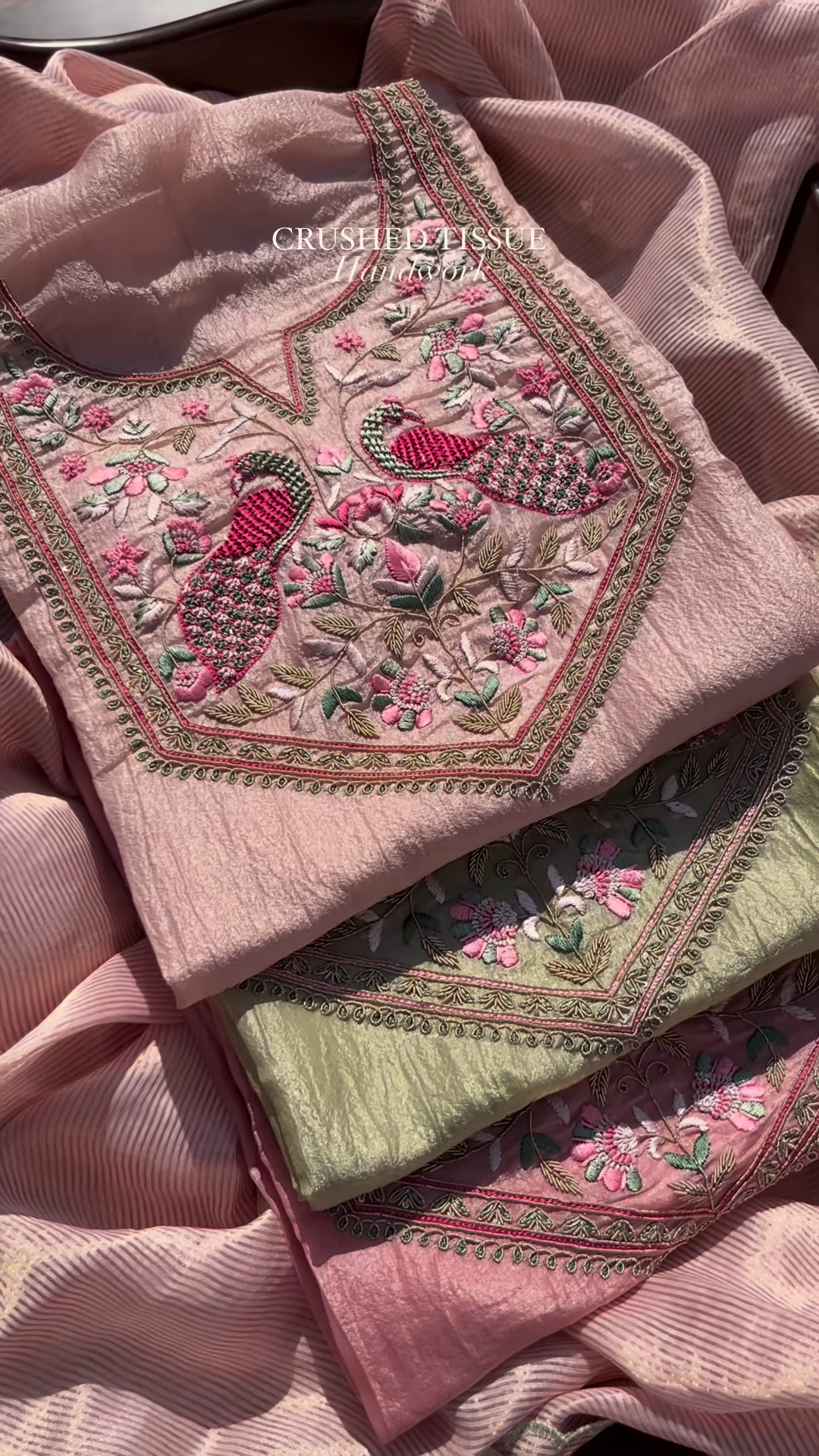 Dusty Rose Crushed Tissue Silk Embroidered Suit Set with Peacock Motifs - Image 2