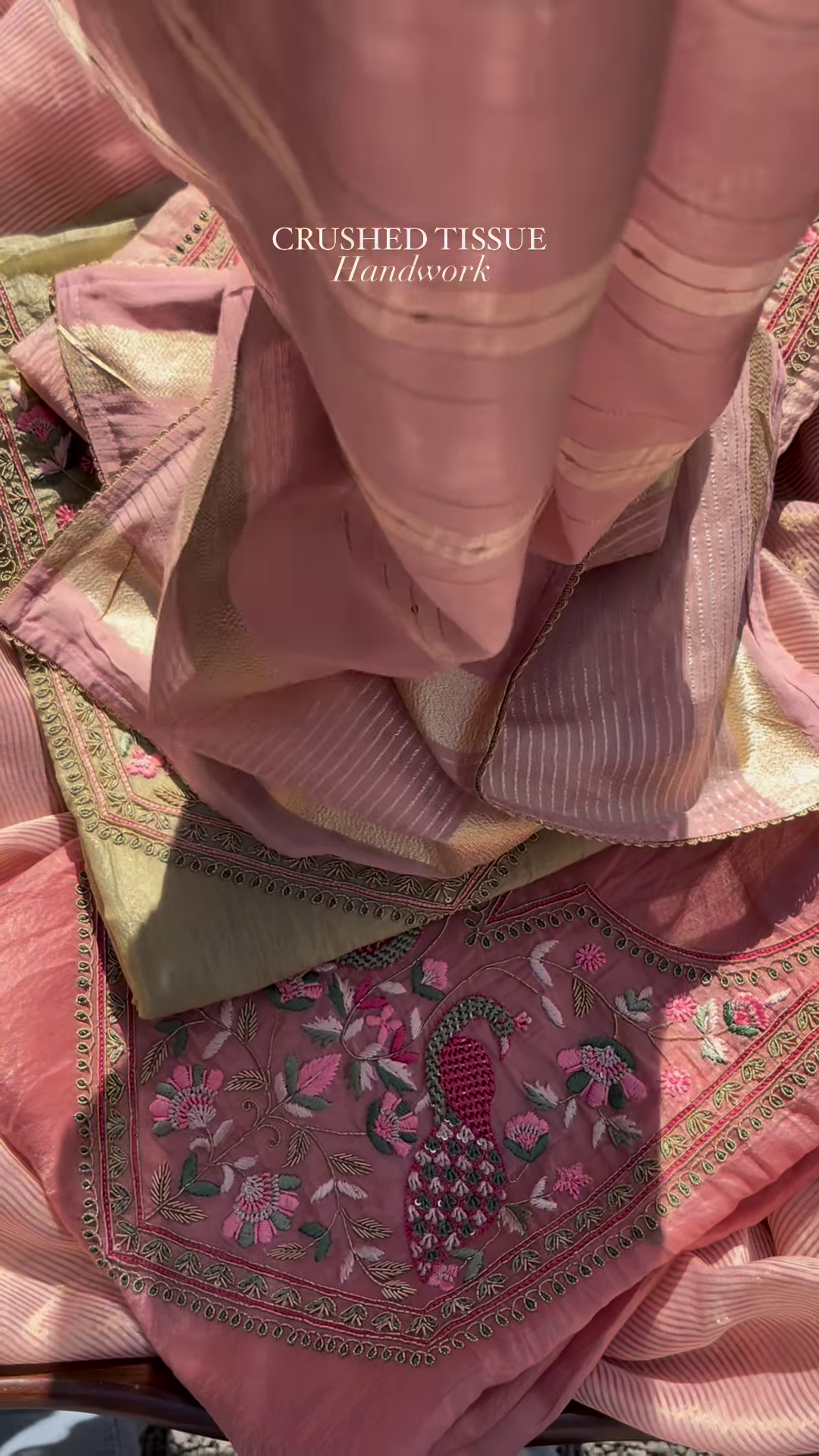 Dusty Rose Crushed Tissue Silk Embroidered Suit Set with Peacock Motifs - Image 3