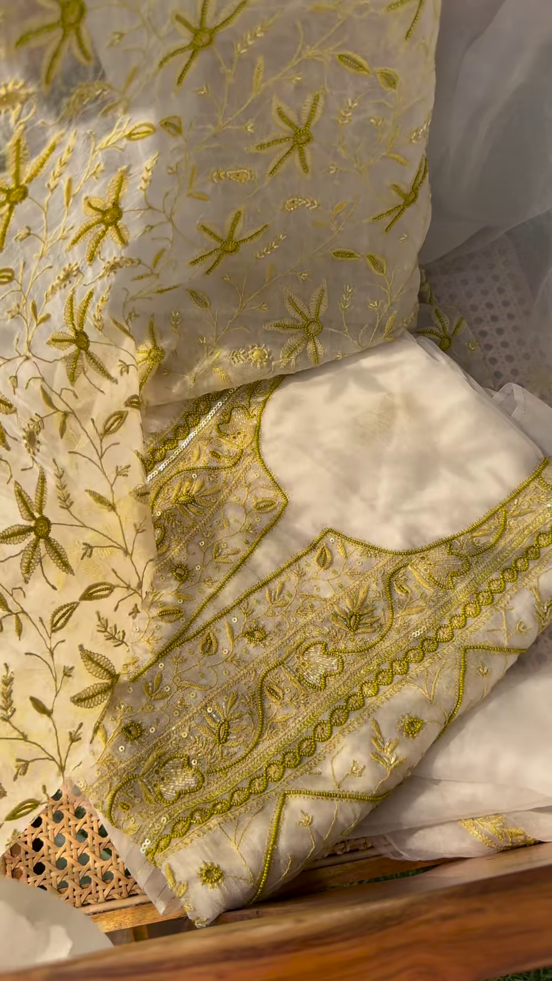 Ivory and Gold Floral Embroidered Organza Suit Set - Image 2