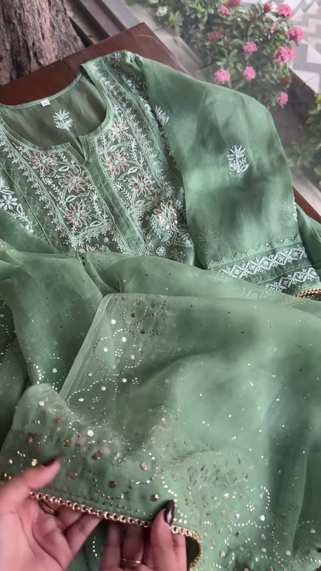 Sage Green Embroidered Organza Suit Set with Sequin Highlights - Image 2