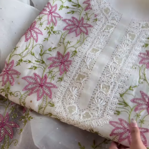 Ivory Chikankari Inspired Floral Embroidered Suit Set with Pink Accents
