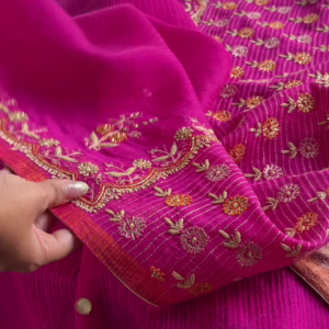 Rani Pink and Taupe Embroidered Patola Silk Blend Saree