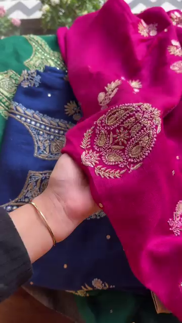 Emerald Green and Royal Blue Zari Embroidered Unstitched Suit Set - Image 2