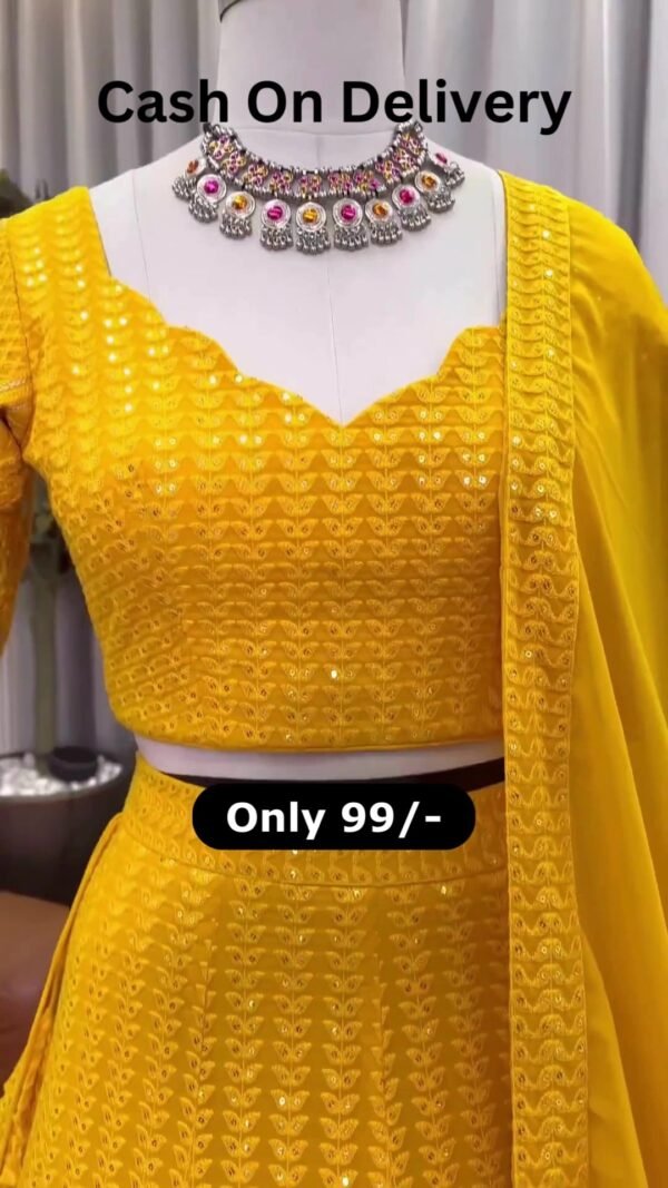 mustard yellow embroidered lehenga choli set with dupatta - Image 3