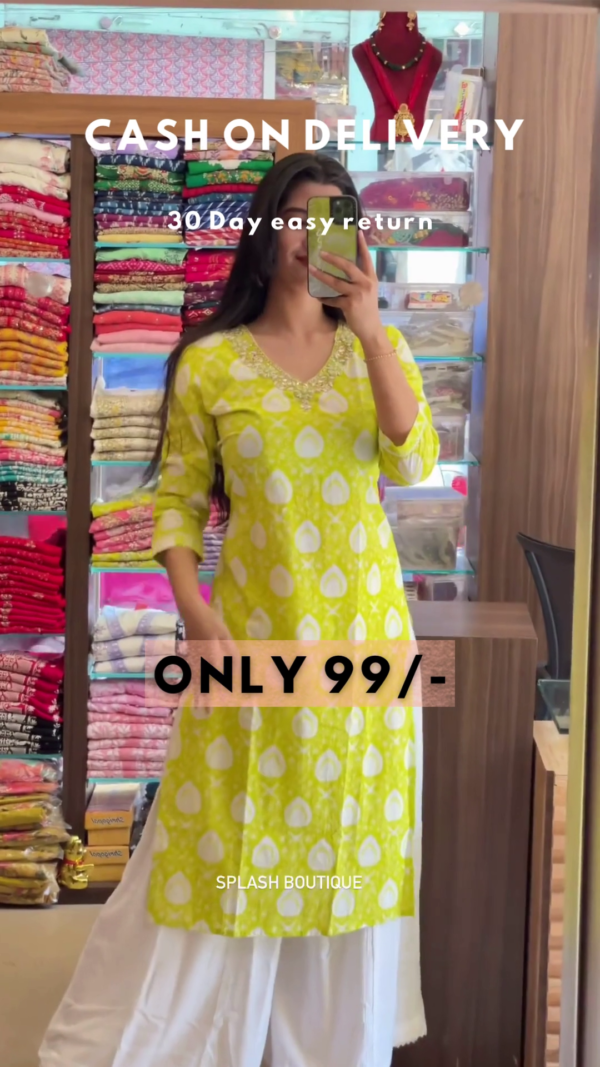 Elegant Pink Printed Cotton Kurti with White Palazzos - Image 4