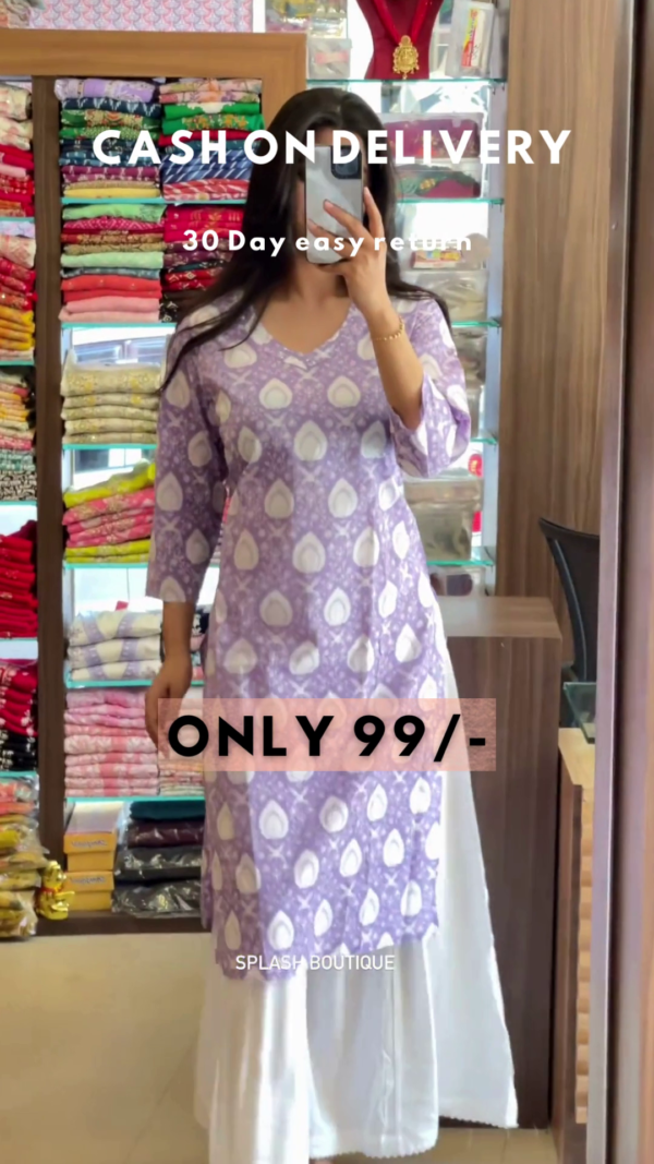 Elegant Pink Printed Cotton Kurti with White Palazzos - Image 3