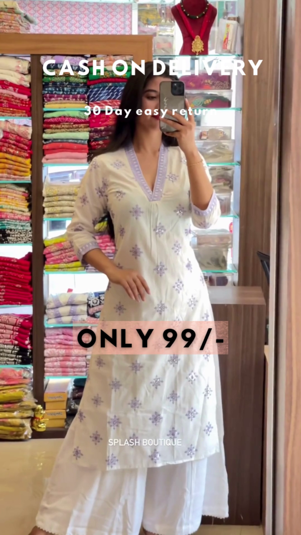Elegant Pink Printed Cotton Kurti with White Palazzos - Image 2